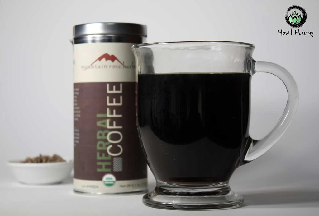 Maca Coffee Alternative Mug Powder Mountain Rose Herbs Review: The Best Sustainable Herbs, Spices, Teas, & Essential Oils Mountain Rose Herbs Maca tea in clear glass mug.